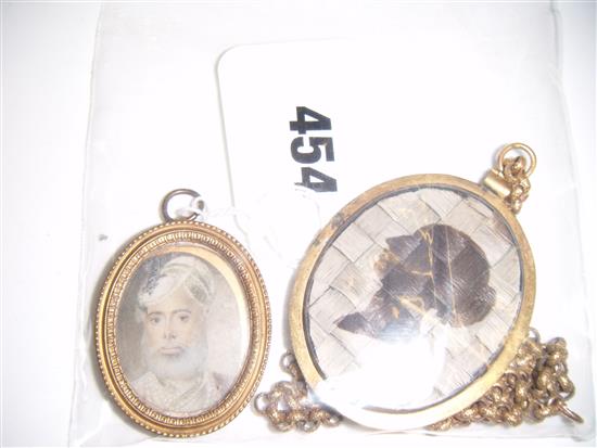 Miniature watercolour on ivory portrait of a Sikh gentleman & a plaited hair mourning pendant with silhouette portrait
